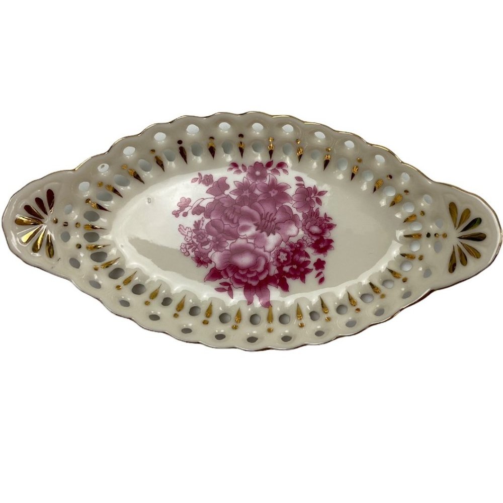 Vintage Bohemian Cottagecore Pink Floral Gold Trim Lace Scallop Trinket Dish 6"